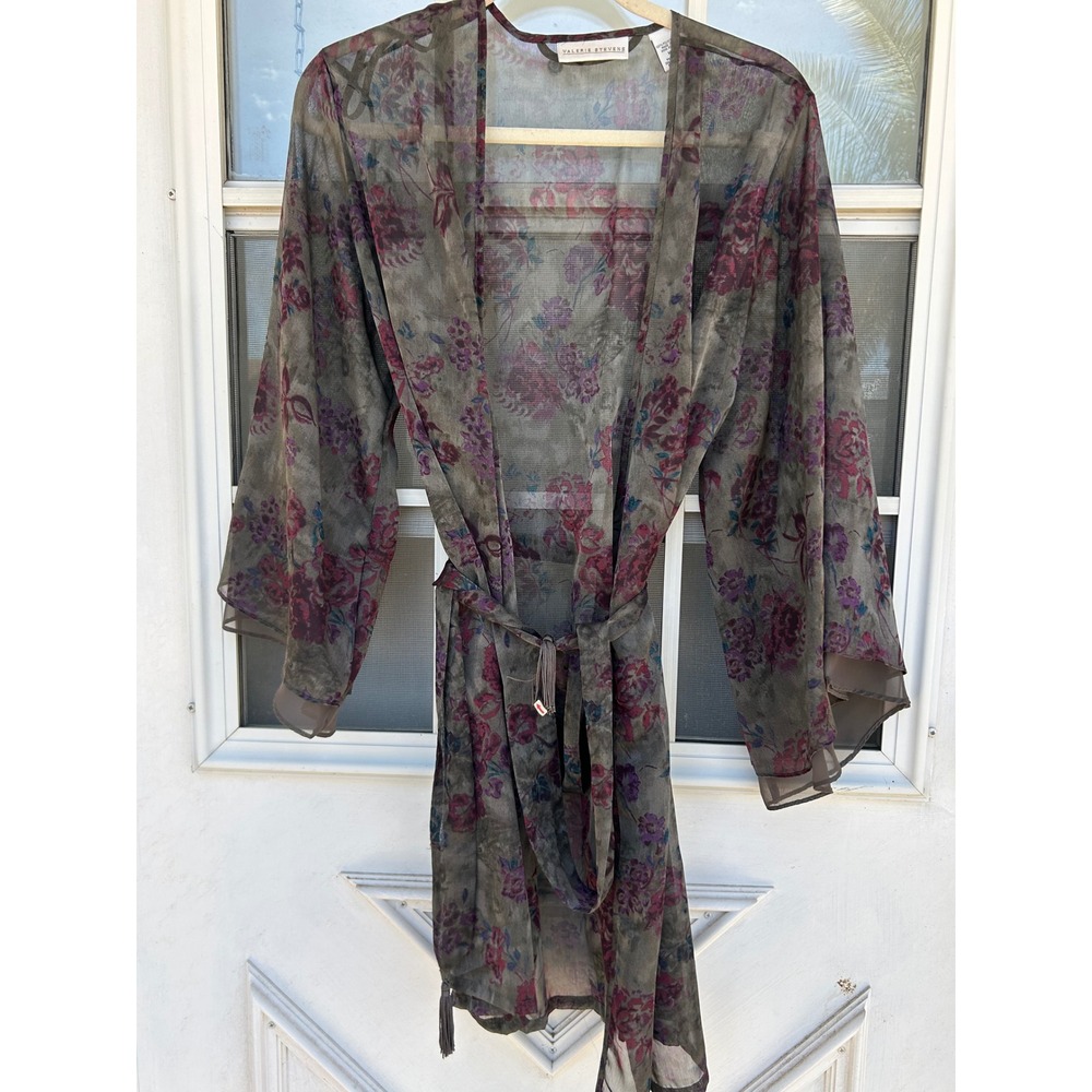 Valerie Stevens‎ Floral Sheer Mesh Kimono Purple Bell Sleeve M Whimsigoth Grunge
